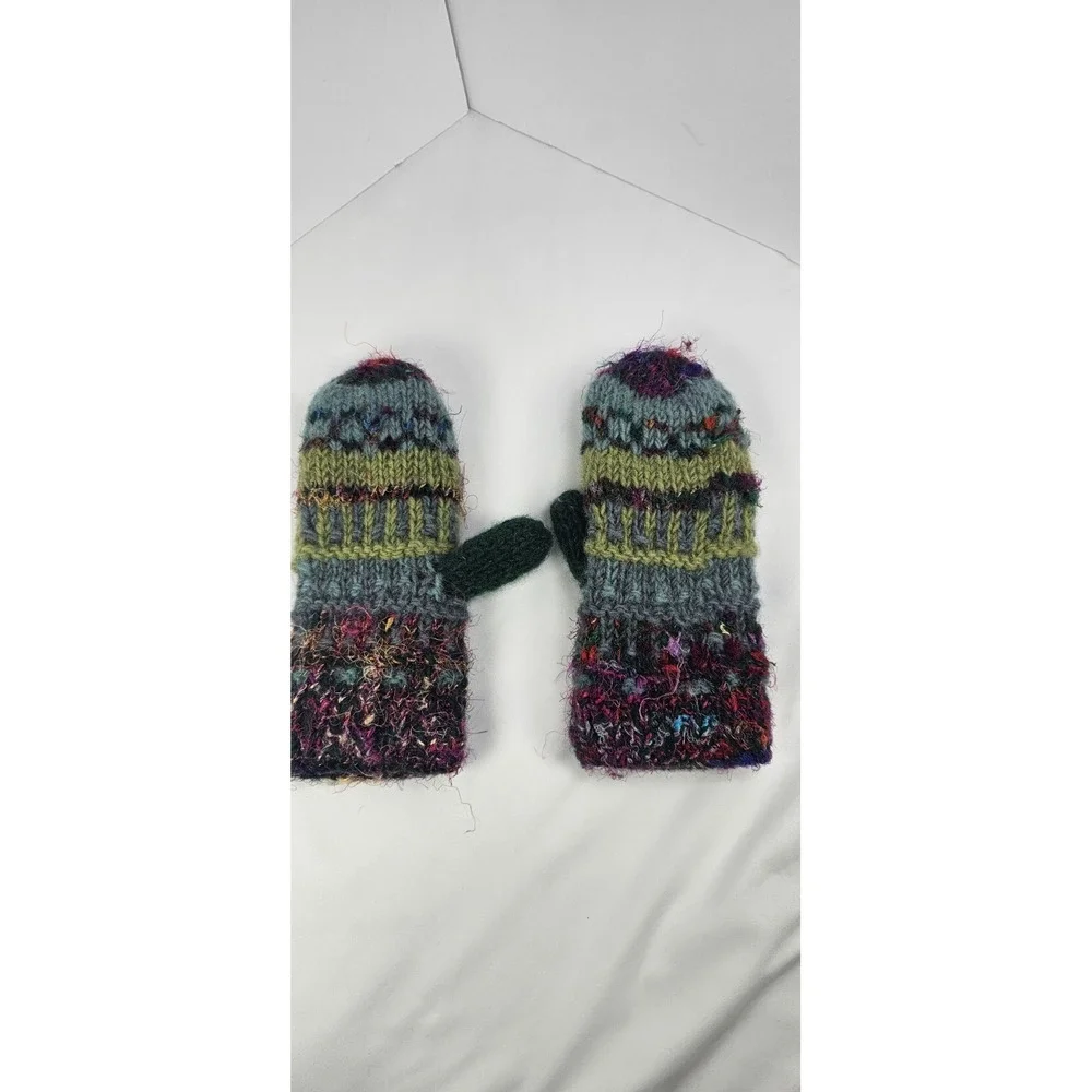 Rising Tide Wool Knit‎ Mittens Medium Fleece Lined Nepal Boho Winter Gloves